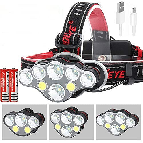 Lampe frontale à LED, lampe frontale 350000LM rechargeable étanche avec 8 LED pour la course la pêche le camping la randonnée le cyclisme, 8 modes d'éclairage [2 * 18650 piles incluses]