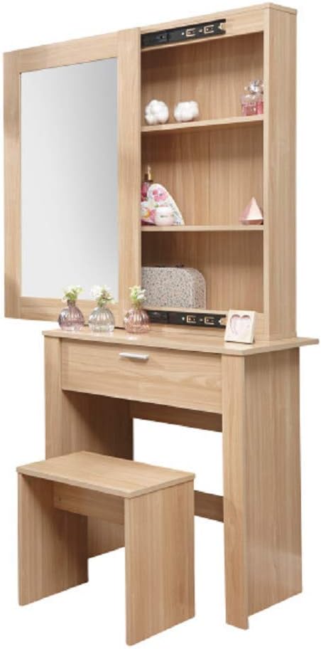 Hobson Oak Dressing Table & Stool Set Makeup Vanity Desk with Large Drawer and Sliding Storage Mirror