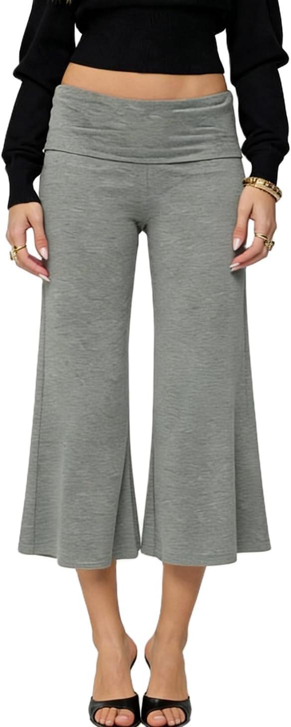 Pivanzore Women Fold Over Capri Lounge Pants Y2k Low Rise Wide Leg Cropped Yoga Pants Summer Foldover Coluttes Beach Bottoms