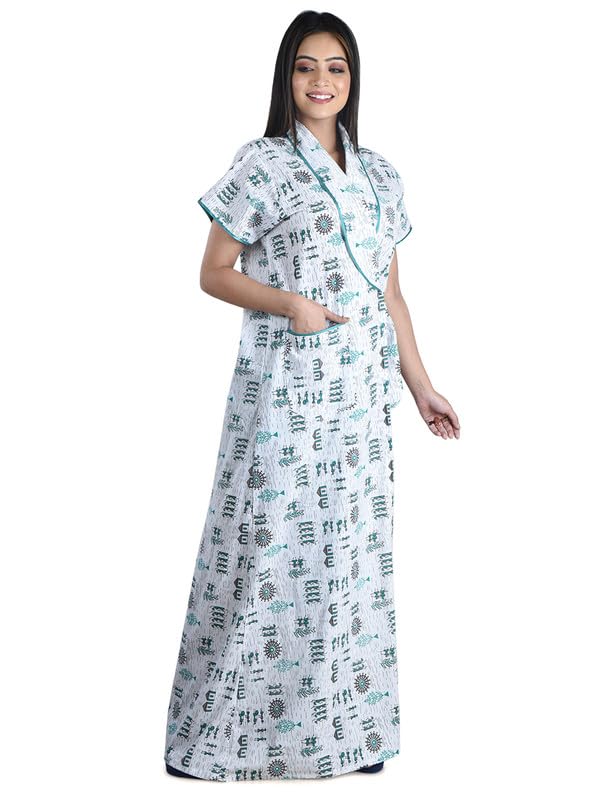 – Women's – Cotton Maternity Gown – Soft Housecoat/Nighty/Robe – White & Cyan –-image-13