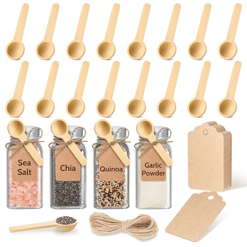 MORGLES 20Pcs Small Wooden Spoons Set, 3 Inches Mini Wood Tasting Spoon with Tags and Twine for Jars