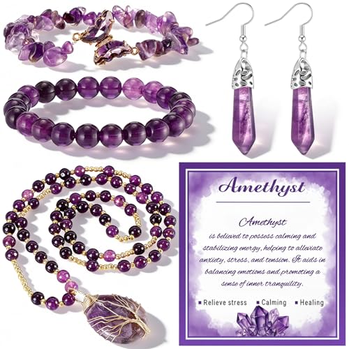 La Mejor Recopilación de Collar Morado los más solicitados. 49 Tondiamo - Juego de 4 joyas de amatista para mujer, collar de amatista, aretes con abalorio de tarjeta, pulsera de vidrio de chakra, collares de piedra para mujer, aretes morados,...