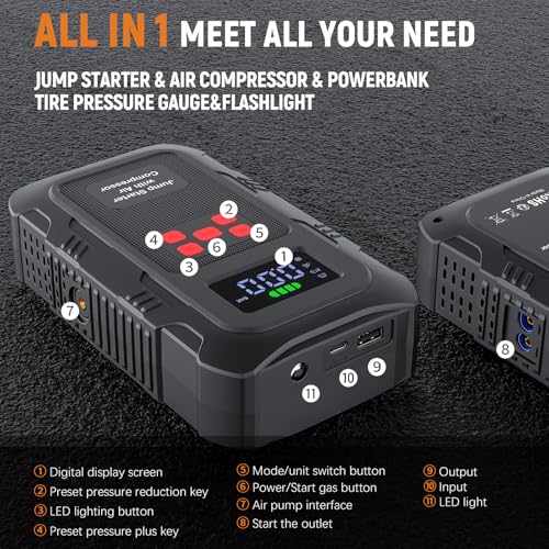 Image of 6000A Jump Starter with Air Compressor, Portable Car Battery Jump Starter with 150 PSI Tire Inflator for Up to 10.0L Gas and 8.0L Diesel Engines, 12V Jump Box with LCD Display