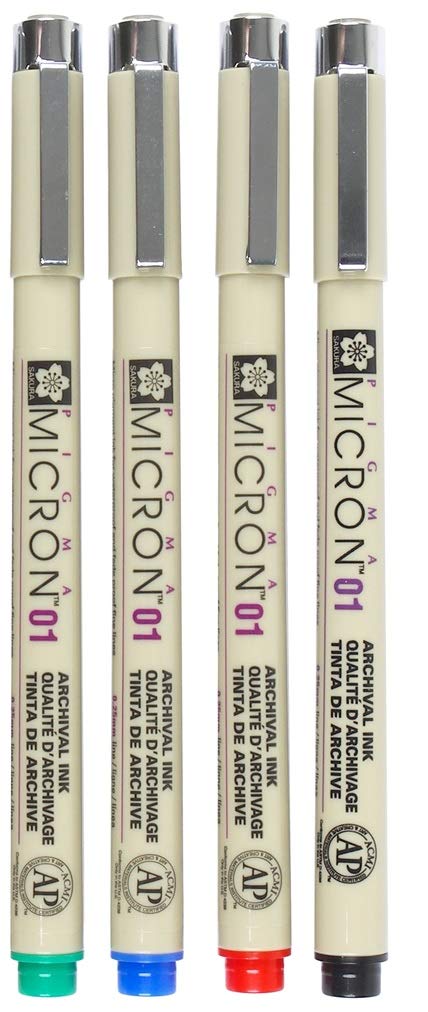 PIGMA MICRON, PACK OF 4 ESSENTIAL COLORS, BLACK+RED+BLUE+GREEN, (01)