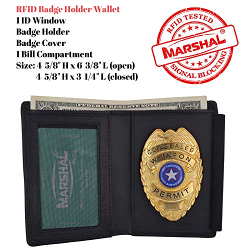 Marshal RFID Genuine Leather Black Slim Thin Bifold ID Money Wallet Oval Shape Badge Holder3