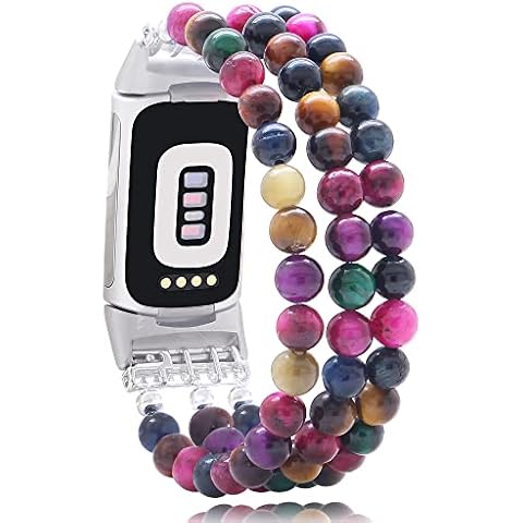 C&L Accessories Compatible with Fitbit Charge 5/Charge 6 Bands, Natural Gemstone Beaded Adjustable Bracelet Replacement Bands for Women (Dark Rainbow Tiger Eye) Cover
