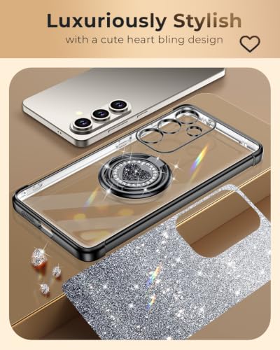 Image of XYZ for Galaxy S26 Plus Case with Stand - Phone Case with Double Ring Kickstand - Bling Luxury Glitter Clear Phone Cases Heart for Women Girls, Black