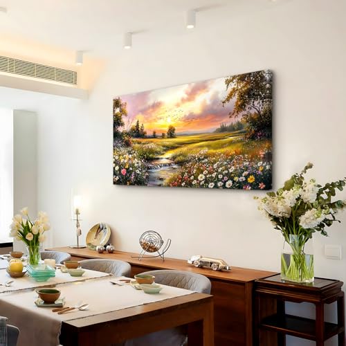 crmotu Country Landscape Wall Art, Riverside Wildflower Daisy Large Artwork, Vibrant Rural Canvas Art Prints, Sunset Aesthetic Rustic Farmhouse Wall Decor Living Room Bedroom Dining Room 24X48 In