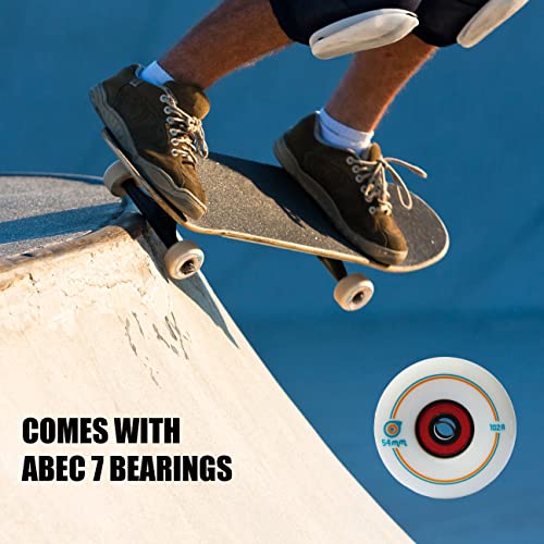 Skateboard Wheels - 54Mm 4 Pcs Set White, Professional Grade With Abec-7 Bearings, For Street Skate, Vert Ramps, Tricks And Grinds, 102A Hardness #TOP4