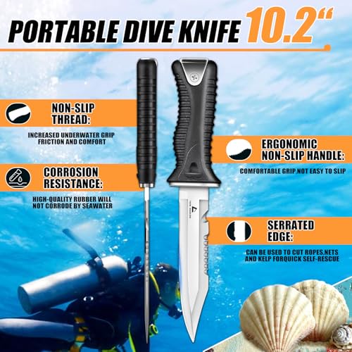 DRAGON RIOT Updated Dive Knife with Sheath & Leg Straps Saltwater, Ultra Sharp Diving Knife with Knife Holster, Double Edged Scuba Knife