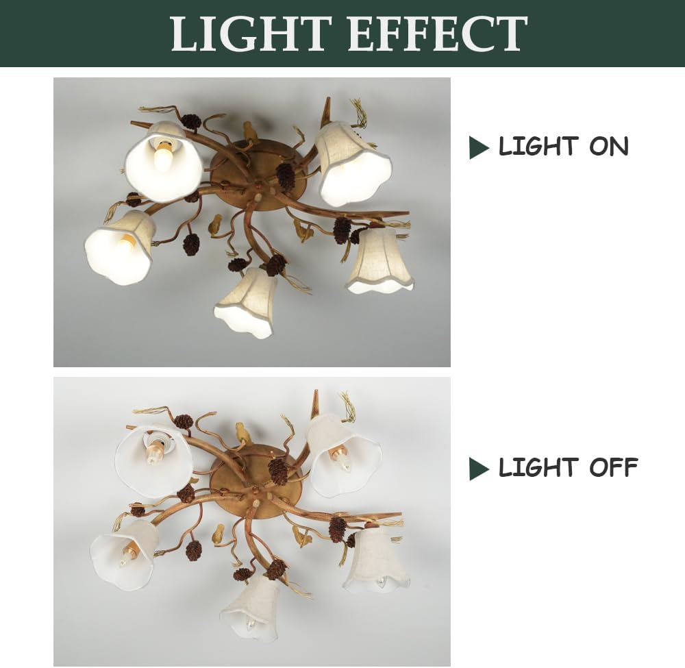 Skyblaze Classic Bird Semi Flush Mount Ceiling Light, Branches Ceiling Light with Fabric Linen Shade, Farmhouse Pine Cones Ceiling Lamp for Bedroom, Kitchen, Living Room (5 Lights)