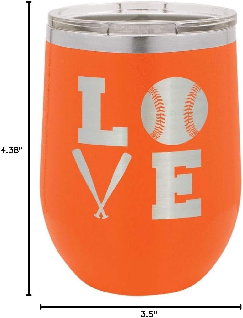 BASEBALL LOVE SQUARE Orange 12 oz Stemless Wine Glass With Lid | Custom Engraved With Funny Quotes and Sayings | Stainless Steel Wine Tumbler | OnlyGifts.com