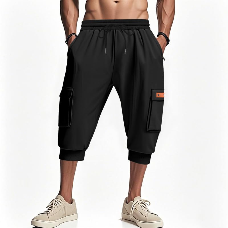 Mens Casual Fashion Capri Pants Summer Hip-Hop Solid Color Drawstring Waisted Sweatpants with Zipped Pockets2