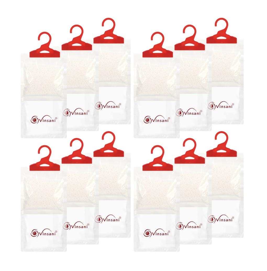 Vinsani Hanging Wardrobe Dehumidifier Bag Pack of 12 – Moisture Absorber Condensation Remover to Stop Damp, Mould, Moisture in Home Kitchen Wardrobe Bedroom Office Bathroom Basement Garage