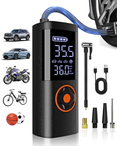 TEMOLA Portable Air Compressor, Rechargeable Cordless Tire Inflator with Pressure Gauge, Mini Air Tire Pump Car Accessories Men Essential with LED Light for Car Motorcycle Bicycle