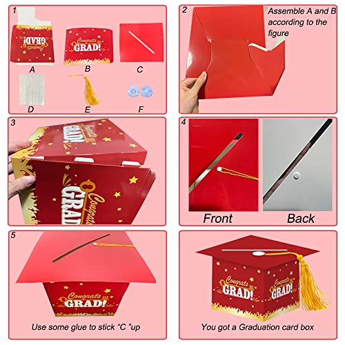 Image of 2026 Graduation Party Card Box, Red Gold Congrats Cap Card Holder Box with Tassel for 2026 Graduation Party Decoration
