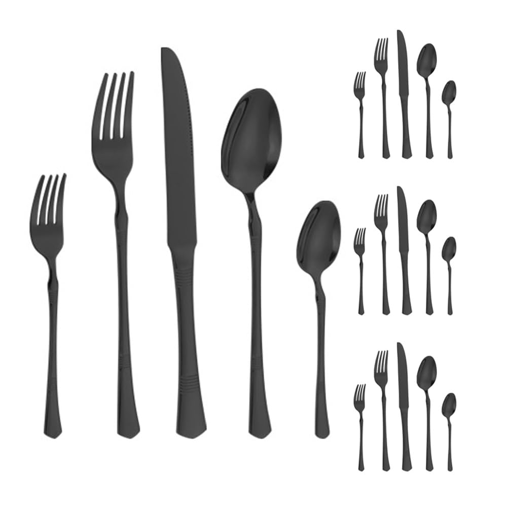Besteckset aus Edelstahl, 20-teilig, bunt, mit horizontal gestreiftem Griff, Besteckset mit Steakmesser, Gabel, Löffel und Teelöffel für Küche und Esszimmer (Roségold)