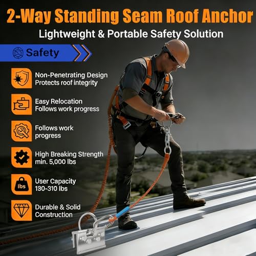 Image of Upgraded Fall Protection Roof Anchor - 5,000 lbs Breaking Strength, OSHA /ANSI Compliant, Non-Penetrating Roof Clamp for Metal Roofs, Fits 150+ Seam Profiles, Portable Fall Protection Safety Anchor