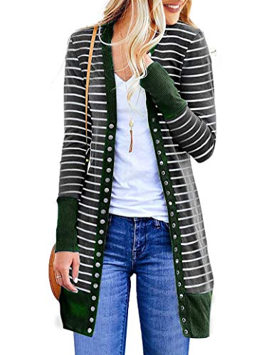 RichCoco Women's Striped Button Down Open Front Long Sleeve Contrast Color Casual Cardigans Sweaters (Green, M)