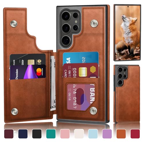 DJDUCK Designed for Samsung Galaxy S24 Ultra Case Wallet with Card Holder [Magnetic Clasp Cover] [RFID Blocking Leather Protection] Shockproof Women Men Cases for Samsung S24 Ultra Light Brown