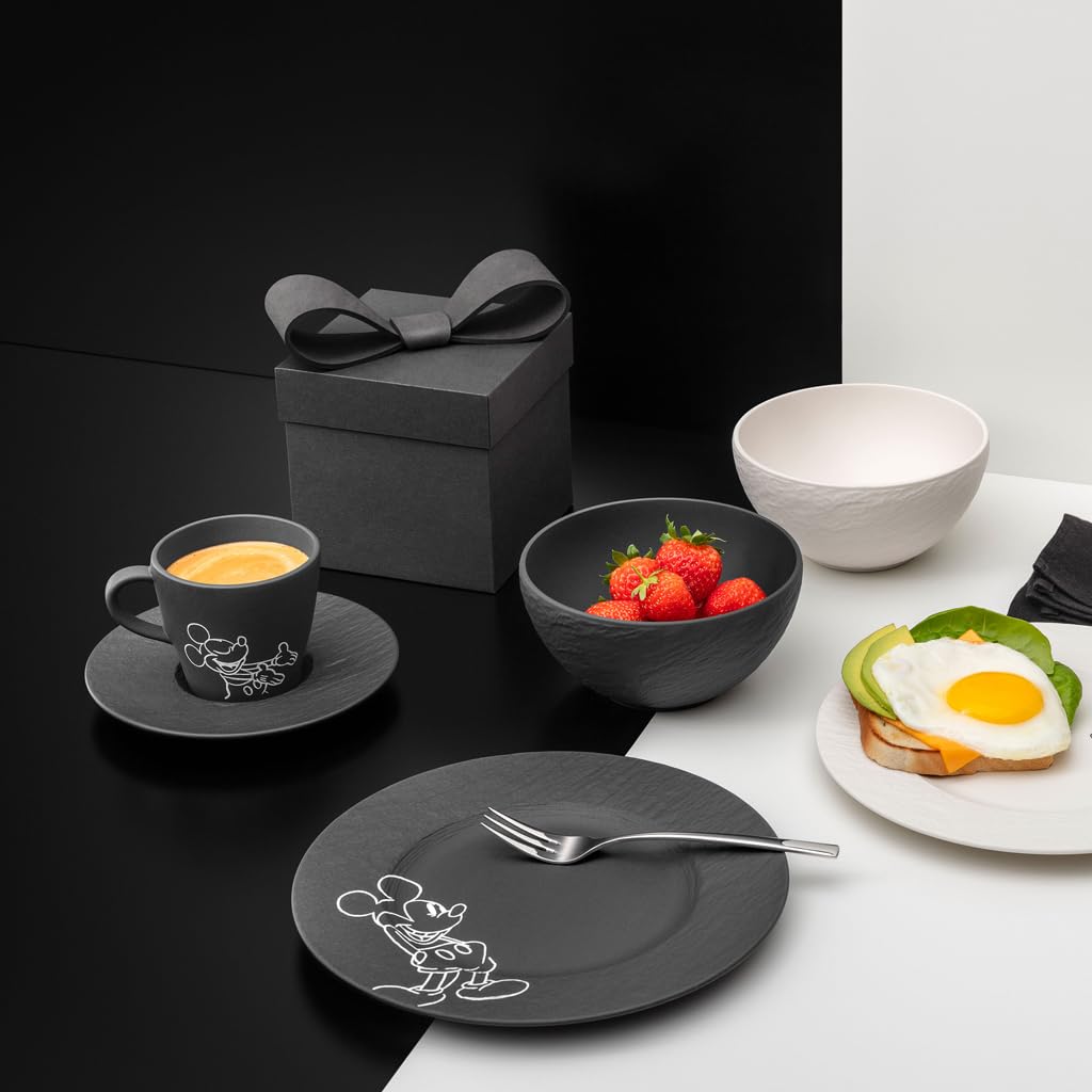 Villeroy & Boch Manufacture Rock – Mickey Mouse – Frühstücks-Set, 4-teilig, schwarz, spülmaschinenfest & mikrowellensicher, Schieferoptik mit Disney Mickey Mouse Kreidedekor, Premium Porzellan