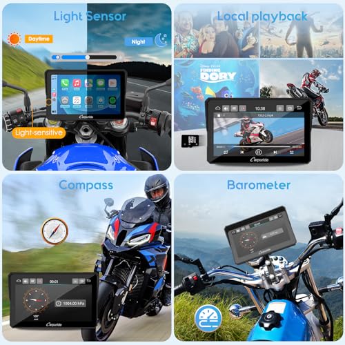 Image of Carpuride W702PRO for Motorcycle CarPlay& Android Auto& Dual Bluetooth - 7 inch Waterproof GPS Navigation Screen for Motorbike, Music Sharing, Intercom, EQ, Light Sensor, Compass, Barometer