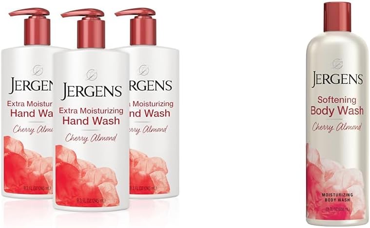 Jergens Extra Moisturizing Hand Soap, Liquid Hand Soap Dispenser Cherry Almond Scent & Softening Body Wash, Daily Moisturizing Skin Cleanser, Paraben Free, 22 Ounces