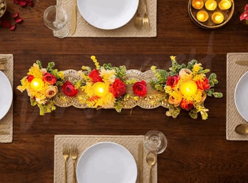 Image of Divyakosh Flower Table Runner Decoration for Dining Table with LED | Artificial Floral Centerpiece with Diya Lights | Festive Table Decor for Diwali, Wedding, Pooja & Home Decoration, 22 Inch