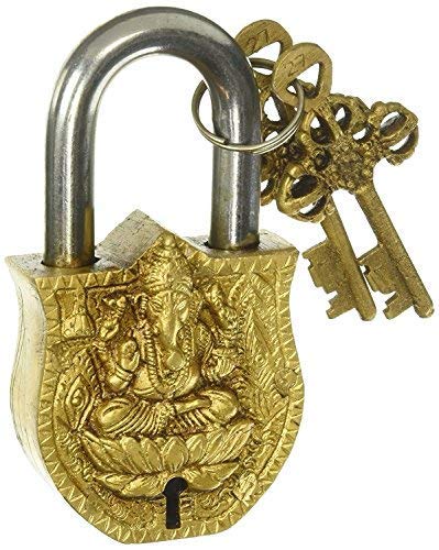 PARIJAT HANDICRAFT Functional Brass Beautiful Padlocks with Two Keys Solid Brass with Natural Patina in a Beautifully Ornate Padlock - Ornamental Antique Handcrafted Locks for Security and Style