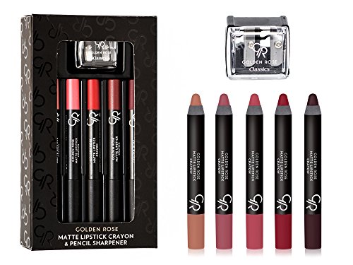 Golden Rose Matte Lipstick Crayon Jumbo Lip Pencil with Jumbo Sharpener in Gift Box, Set of 5, Set2
