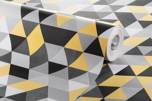 Papel de Parede Infantil, Triângulos Geométricos, Preto/Amarelo, 1000x52 cm, Bobinex Uau