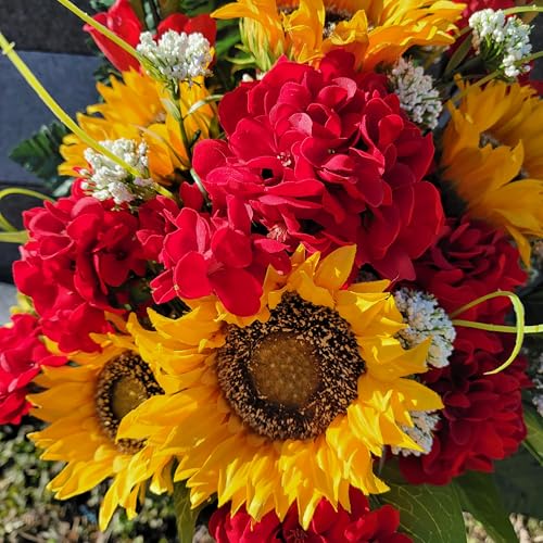 Vibrant Memorial Floral Arrangement - Yellow Sunflower & Red Geranium Cemetery Saddle Set - Realistic Silk Grave Decorations by Femme Savor - Image 6