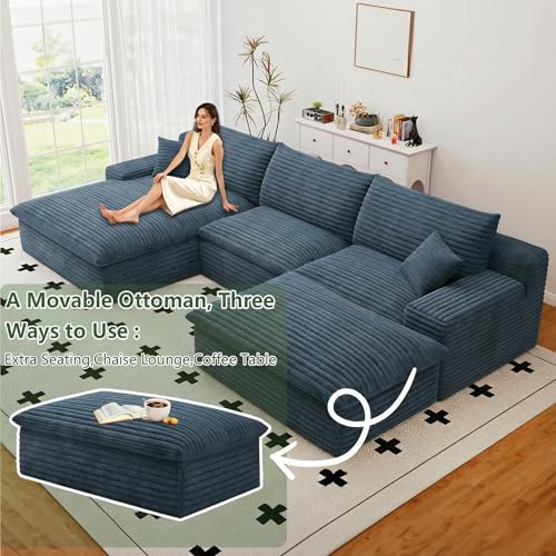Image of 107 inch Cloud Couch Modular Sectional Sofa for Living Room, U-Shape Boneless Couch with Deep Seat, Modern Corduroy 3-Seater with Ottoman, No Assembly Required (Blue,Left-Facing Chaise)