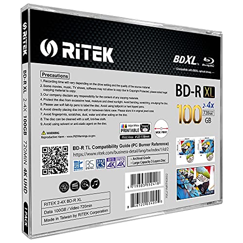 Ritek BDR1004-RTKIWN1JC 1 Pack Ritek Bd-R Xl Bdxl 100Gb Archival Grade Triple Layers 4X White Inkjet Hub Printable Blank Disc W/Standard Jewel Case thumb #1