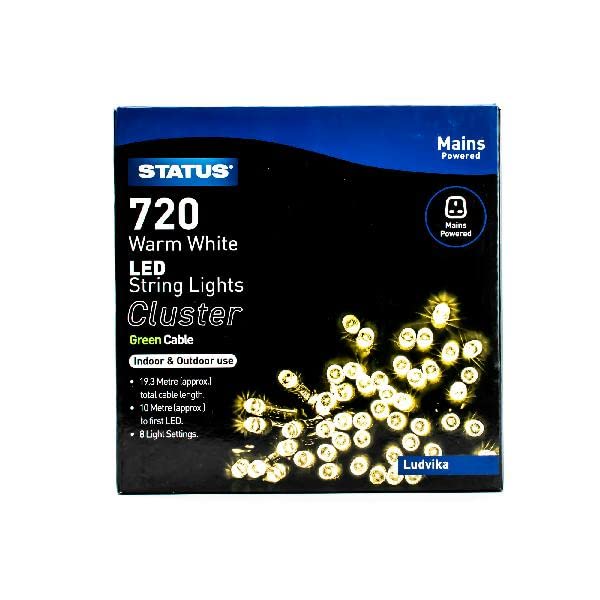 Status 720-LED Warm White Cluster Lights, 9.3 m Lit on 10 m Cable, 8-Mode Indoor-Outdoor String for Trees & Gardens