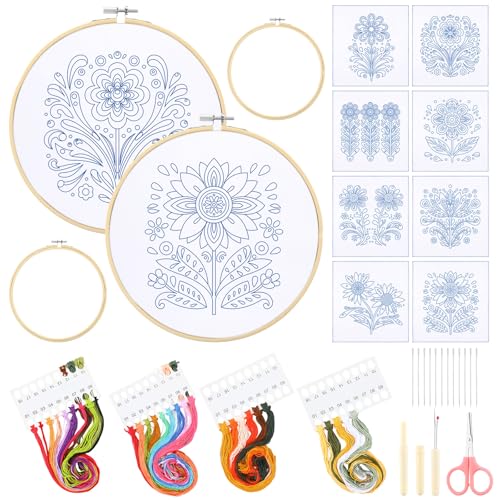 Image of Tioncy 8 Sets Mexican Embroidery Napkins Kit 17.7 x 16.5 Inch Servilletas Para Bordar a Mano Including Mexican Napkin Bamboo Hoop Color Threads and Needles for Beginner Adult DIY Hand Craft Lover Gift