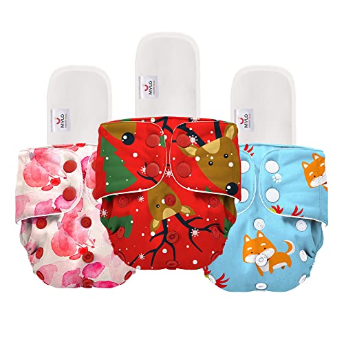 Image of Mylo Leak Proof Baby Cloth Diaper Combo (3 Diaper & 3 Inserts) for 3 Months to 3 Years Babies | Oeko Tex Certified Washable & Reusable Baby Cloth Diaper | Free Size-Cherry Blossom,Celebration&Pet Love