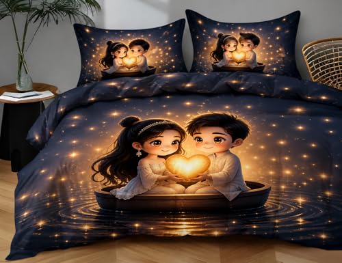 Image of Premium 7D Printed King Size Bedsheet Set with Pillow Covers Soft Cotton Blend Double Bedsheet for Home (Pillow Covers :18x28 inches Bedsheet :90x100 Yellow Couple)