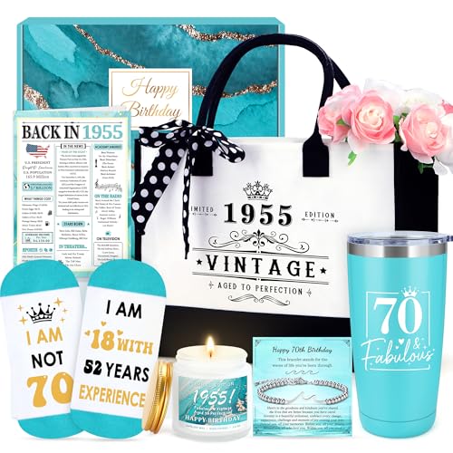 70th Birthday Gifts for Women 70 Year Old Birthday Gifts for Women Cool 1955 Gift for 70 Year Old Woman Happy 70th Bday Decoration Gift Ideas for Woman Female Mom with Tumbler Tote Bag Funny Socks