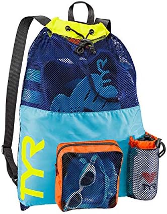 TYR Big Mesh Mummy Backpack for Wet Swimming, Gym, and Workout Gear, Blue/Yellow