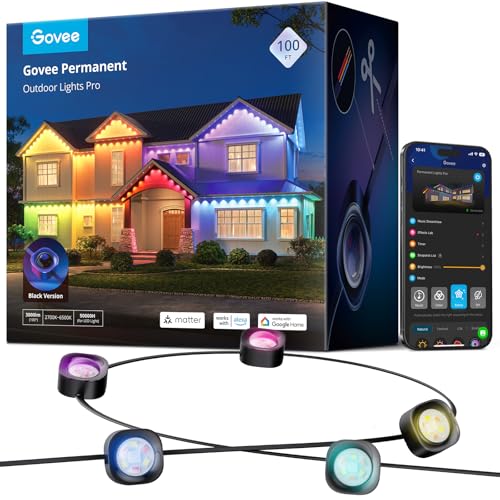 Image of Govee Permanent Outdoor Lights Pro, 100ft with 60 RGBIC LED Lights for Daily and Accent Lighting, 75 Scene Modes for Outdoor Decor, IP67 Waterproof, Works with Alexa, Google Assistant, Matter, Black