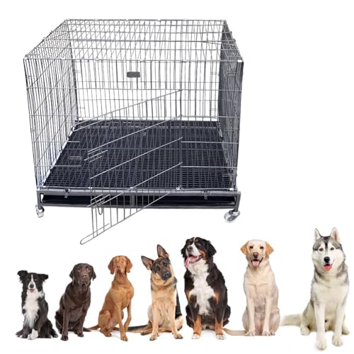 Image of Petarchi Heavy Duty 49 Inch Dog Crate Cage with Wheels & Divider | Foldable Metal Dog Kennel for Medium & Large Dogs | Double Door Locking Crate | Portable Dog Cage with Tray (49X36.5X53 in, Black)