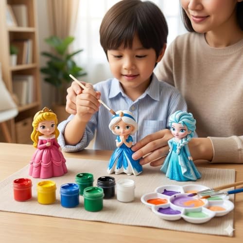 Image of EXPESIA DIY Paint Your Own Princess Figurines Kit, Belle, Cinderella, Elsa, Snow White, Jasmine, Creative Craft Activity Set for Girls