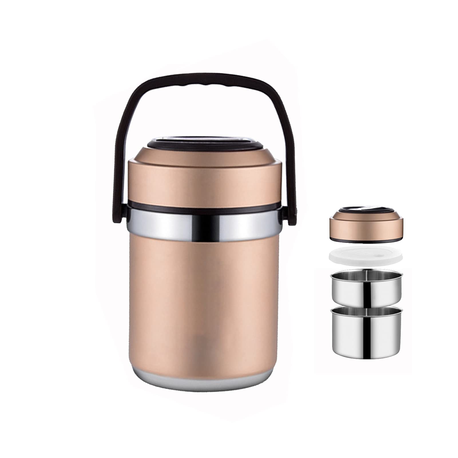 Fiambrera Térmica de Acero Inoxidable Prueba de Fugas Caja Bento Térmica con 2 Compartimentos Recipiente Térmico para Alimentos, Lunch Box para Trabajo de Oficina, Escuela, Hogar,Oro,1.6L