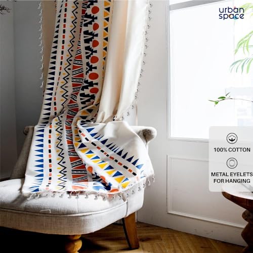Image of Urban Space 100% Cotton Geometric Light-Filtering Curtain For Door,Boho Decorative 7 Feet Long With Eyelets & Tieback,Pack Of 2 Curtains Covers(Door,7X4Ft,Cushion Cover,16X16 Inch,Ikat Orange)