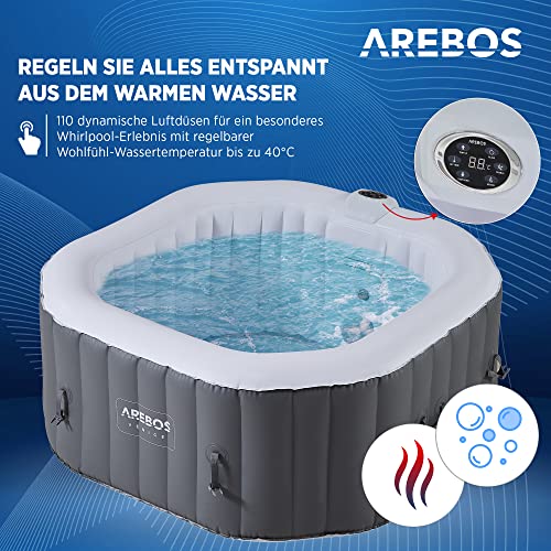 Arebos Whirlpool | Aufblasbar | In- & Outdoor | 154x154 cm | 4 Personen | 110 Massagedüsen | mit Heizung | 600 Liter… – Bild 4