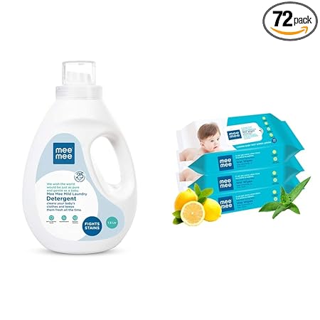 Mee Mee Mild Baby Liquid Laundry Detergent, 1.5L & Caring Baby Wet Wipes with Lemon Fragrance (72 pcs/Pack) (Pack of 3) Combo
