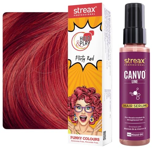 Streax Professional Canvoline Hair Serum for women | For Straight & Silky hair | 100 ml Hold and Play Funky Colours, Hair Color, 100g – Flirty Red