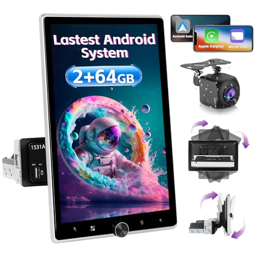 Inefala Android 15 autoradio 1 DIN CarPlay con Pantalla (2+ 64G) 10.4'' Pantalla Táctil Rotatoria del Coche Estéreo Bluetooth con Wireless Android Auto Mirror Link FM/RDS GPS WiFi USB Cámara Trasera