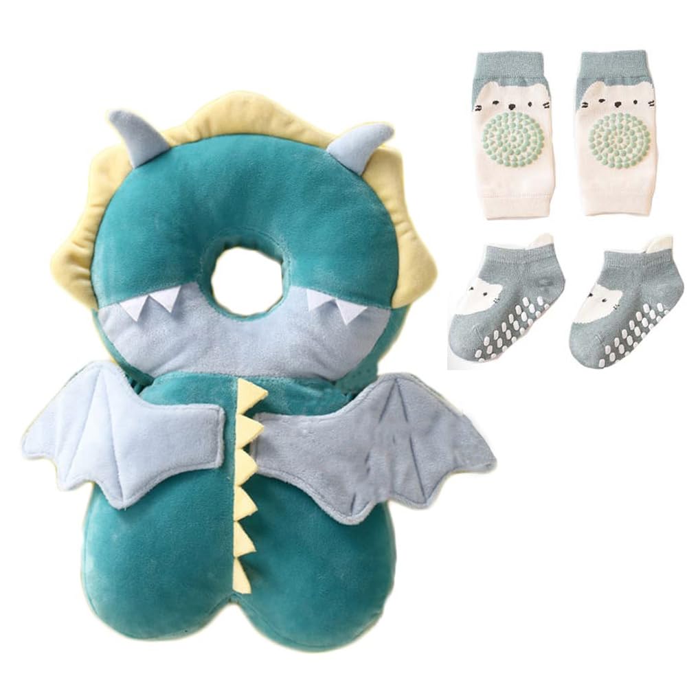 Bambebe Baby Kopfschutz Kissen Infant Sicherheit Pads Rückenprotektor Sicherheit Rucksack Kleinkinder Kopfstützen-Rückenschutzkissen(Grüner Drache)